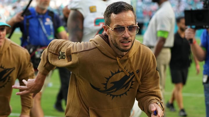 Nov 19, 2023; Miami Gardens, Florida, USA; Miami Dolphins head coach Mike McDaniel runs off the