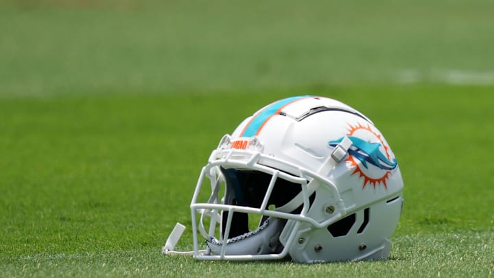 May 17, 2022; Miami Gardens, FL, USA; A general view of a Miami Dolphins helmet on the grass during