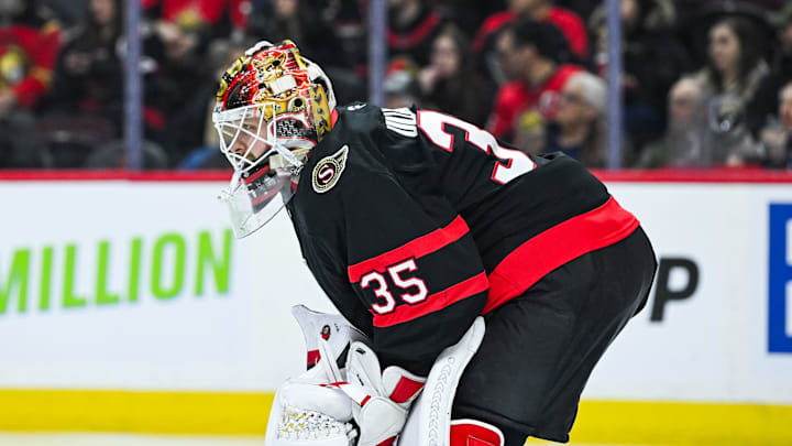 Jan 31, 2026; Ottawa, Ontario, CAN; Ottawa Senators goalie Linus Ullmark (35) looks on against the New Jersey Devilsduring the second period at Canadian Tire Centre. Mandatory Credit: David Kirouac-Imagn Images