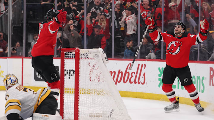 Mar 16, 2026; Newark, New Jersey, USA; New Jersey Devils left wing Paul Cotter (47) celebrates his game winning goal against the Boston Bruins during overtime at Prudential Center. Mandatory Credit: Ed Mulholland-Imagn Images