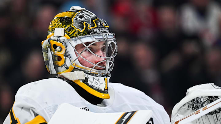 Mar 17, 2026; Montreal, Quebec, CAN; Boston Bruins Jeremy Jeremy Swayman (1) looks on against the Montreal Canadiens during the second period at Bell Centre. Mandatory Credit: David Kirouac-Imagn Images