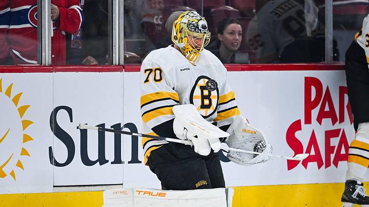 Mar 17, 2026; Montreal, Quebec, CAN; Boston Bruins Joonas Joonas Korpisalo (70) plays with a puck during warm-up before the game against the Boston Bruins at Bell Centre. Mandatory Credit: David Kirouac-Imagn Images