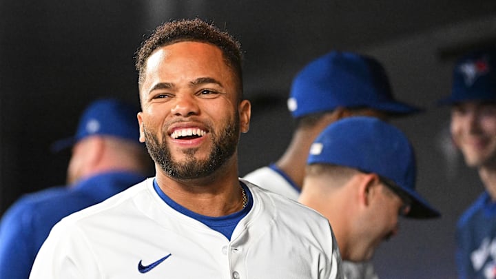 Aug 11, 2024; Toronto, Ontario, CAN; Toronto Blue Jays infield Steward Berroa (37) in the dugout against the Oakland Athletics at Rogers Centre. Mandatory Credit: Gerry Angus-Imagn Images