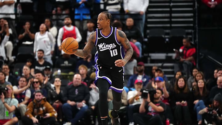 Mar 9, 2025; Inglewood, California, USA; Sacramento Kings forward DeMar DeRozan (10) dribbles the ball against the LA Clippers in the second half at Intuit Dome. Mandatory Credit: Kirby Lee-Imagn Images