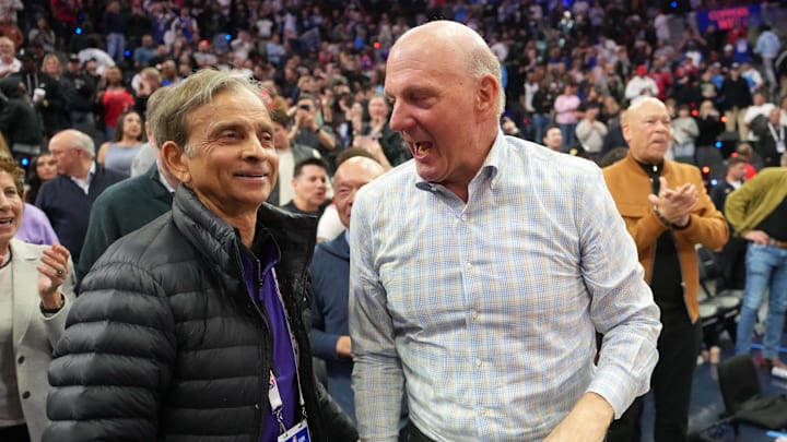 Mar 9, 2025; Inglewood, California, USA; LA Clippers owner Steve Ballmer (right and Vivek Ranadive react at the end of the game against the Sacramento Kings at the Intuit Dome. Mandatory Credit: Kirby Lee-Imagn Images