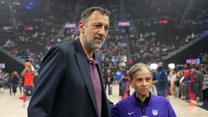 Mar 9, 2025; Inglewood, California, USA; Vlade Divac (left)and Vivek Ranadive pose during the the game between the Sacramento Kings and the LA Clippers at the Intuit Dome. Mandatory Credit: Kirby Lee-Imagn Images
