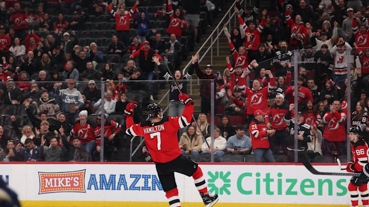 Mar 3, 2026; Newark, New Jersey, USA; New Jersey Devils defenseman Dougie Hamilton (7) celebrates his goal against the Florida Panthers during the second period at Prudential Center. Mandatory Credit: Ed Mulholland-Imagn Images Mar 3, 2026; Newark, New Jersey, USA; New Jersey Devils defenseman Dougie Hamilton (7) celebrates his goal against the Florida Panthers during the second period at Prudential Center. Mandatory Credit: Ed Mulholland-Imagn Images