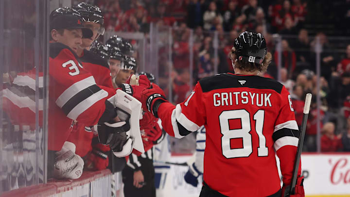 Mar 4, 2026; Newark, New Jersey, USA; New Jersey Devils right wing Arseny Gritsyuk (81) celebrates his goal against the Toronto Maple Leafs during the second period at Prudential Center. Mandatory Credit: Ed Mulholland-Imagn Images Mar 4, 2026; Newark, New Jersey, USA; New Jersey Devils right wing Arseny Gritsyuk (81) celebrates his goal against the Toronto Maple Leafs during the second period at Prudential Center. Mandatory Credit: Ed Mulholland-Imagn Images