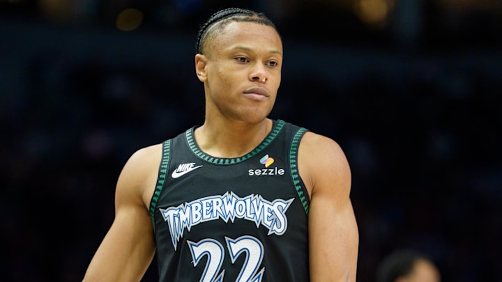 Jan 29, 2026; Minneapolis, Minnesota, USA; Minnesota Timberwolves guard Jaylen Clark (22) during a break in the action against the Oklahoma City Thunder in the second quarter at Target Center. Mandatory Credit: Matt Blewett-Imagn Images