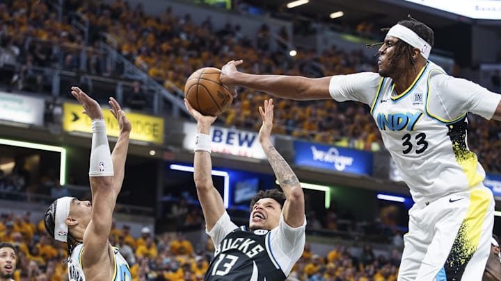 Indiana Pacers center Myles Turner blocks the shot of Milwaukee Bucks guard Ryan Rollins in the first half at Gainbridge Fieldhouse on Saturday.