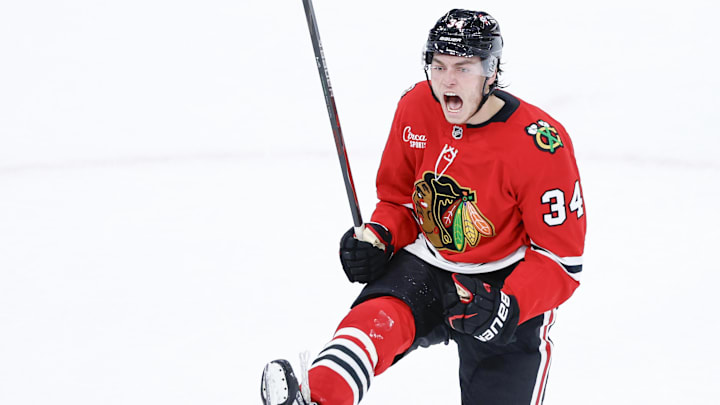 Nov 15, 2025; Chicago, Illinois, USA; Chicago Blackhawks center Colton Dach (34) celebrates after scoring against the Toronto Maple Leafs during the third period at United Center. Mandatory Credit: Kamil Krzaczynski-Imagn Images Nov 15, 2025; Chicago, Illinois, USA; Chicago Blackhawks center Colton Dach (34) celebrates after scoring against the Toronto Maple Leafs during the third period at United Center. Mandatory Credit: Kamil Krzaczynski-Imagn Images