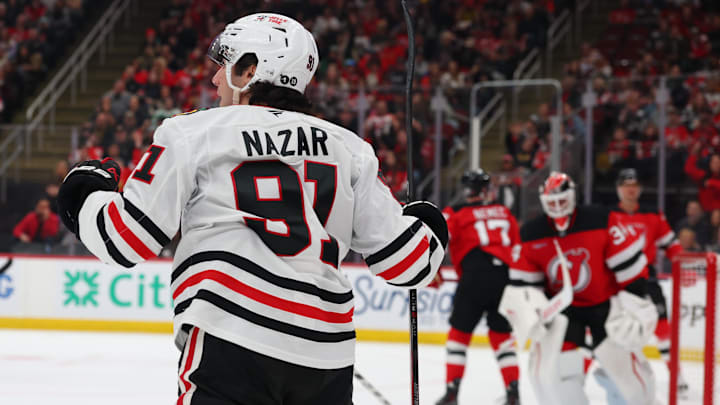 Mar 29, 2026; Newark, New Jersey, USA; Chicago Blackhawks center Frank Nazar (91) celebrates his goal against the New Jersey Devils during the first period at Prudential Center. Mandatory Credit: Ed Mulholland-Imagn Images