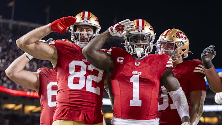 December 30, 2024; Santa Clara, California, USA; San Francisco 49ers wide receiver Deebo Samuel Sr. (1) celebrates scoring a touchdown against the Detroit Lions during the third quarter at Levi's Stadium. Mandatory Credit: Kyle Terada-Imagn Images