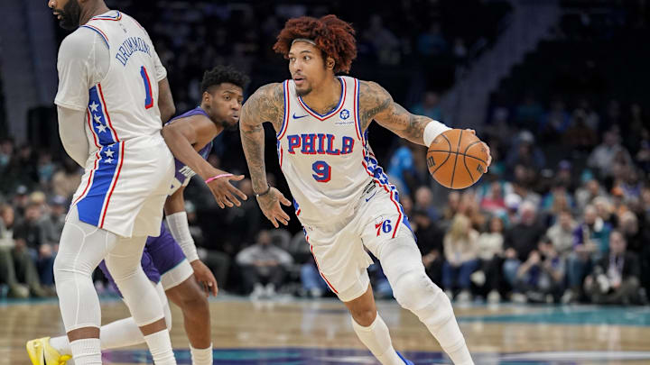 Jan 26, 2026; Charlotte, North Carolina, USA; Philadelphia 76ers forward/guard Kelly Oubre Jr. (9) drives to the basket with a pick by center Andre Drummond (1) past Charlotte Hornets forward Brandon Miller (24) during the first quarter at Spectrum Center. Mandatory Credit: Jim Dedmon-Imagn Images