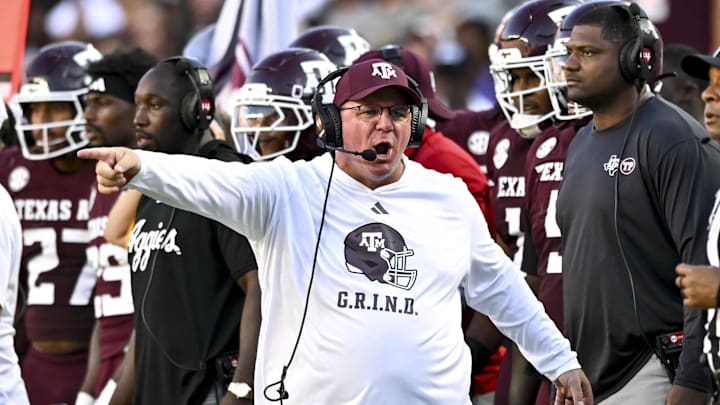 Texas A&M Aggies head coach Mike Elko reacts against the Auburn Tigers during the fourth quarter at Kyle Field. Texas A&M Aggies head coach Mike Elko reacts against the Auburn Tigers during the fourth quarter at Kyle Field.