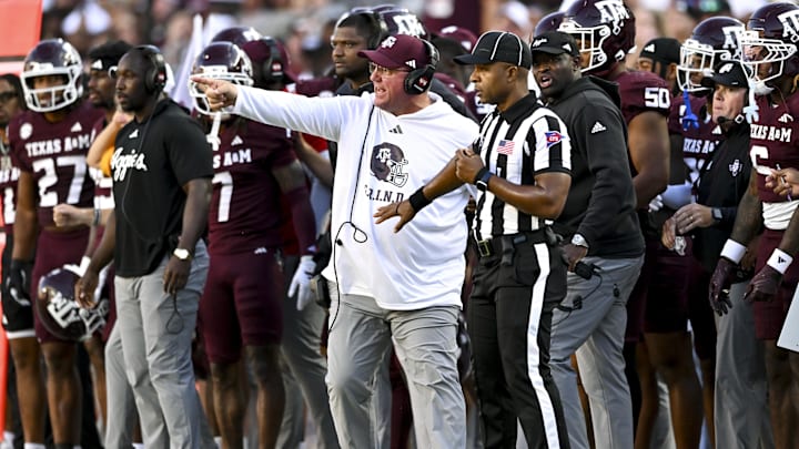 Sep 27, 2025; College Station, Texas, USA; Texas A&M Aggies head coach Mike Elko reacts against the Auburn Tigers during the fourth quarter at Kyle Field. Mandatory Credit: Maria Lysaker-Imagn Images Sep 27, 2025; College Station, Texas, USA; Texas A&M Aggies head coach Mike Elko reacts against the Auburn Tigers during the fourth quarter at Kyle Field. Mandatory Credit: Maria Lysaker-Imagn Images