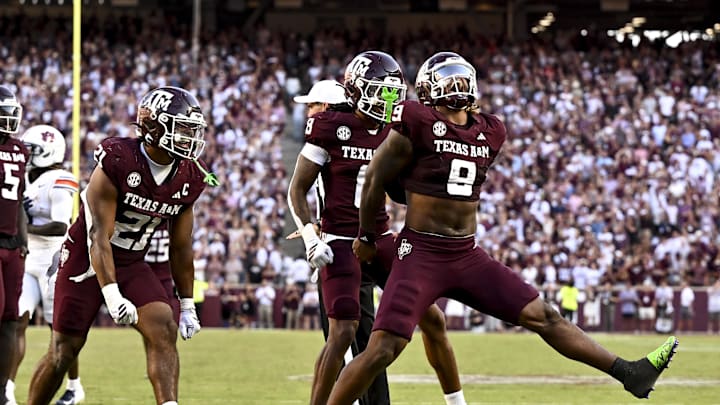 Texas A&M Aggies defensive end Cashius Howell (9) reacts after a sack during the fourth quarter against the Auburn Tigers at Kyle Field. Texas A&M Aggies defensive end Cashius Howell (9) reacts after a sack during the fourth quarter against the Auburn Tigers at Kyle Field.