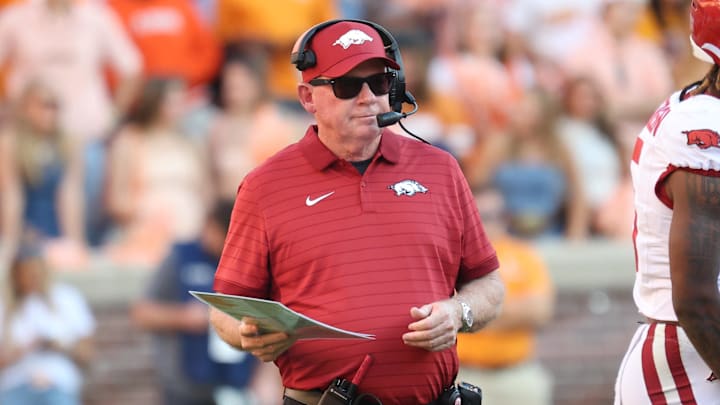 Oct 11, 2025; Knoxville, Tennessee, USA; Arkansas Razorbacks interim head coach Bobby Petrino during the first half against the Tennessee Volunteers at Neyland Stadium. Mandatory Credit: Randy Sartin-Imagn Images