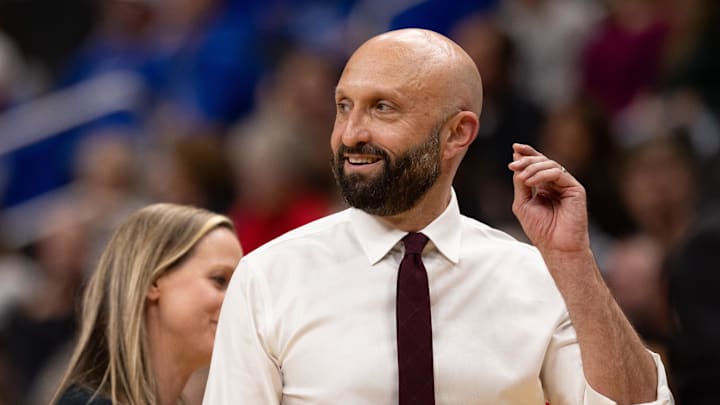 Dec 18, 2025; Kansas City, MO, USA; Texas A&M head coach Jamie Morrison in a 2025 NCAA Women’s Volleyball Championship semifinal match at T-Mobile Center. Mandatory Credit: Kylie Graham-Imagn Images