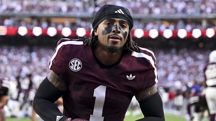 Texas A&M Aggies safety Bryce Anderson (1) kneels prior to the game against the Florida Gators at Kyle Field.