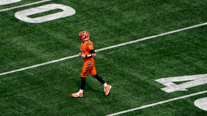Cincinnati Bengals quarterback Joe Burrow (9) runs the to the sideline during the first quarter of the Bengals home opener against the New England Patriots at Paycor Stadium Sunday, September 8, 2024.