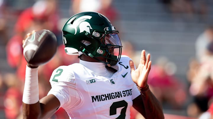 Oct 4, 2025; Lincoln, Nebraska, USA; Michigan State Spartans quarterback Aidan Chiles (2) warms up before the game against the Nebraska Cornhuskers at Memorial Stadium. Mandatory Credit: Kylie Graham-Imagn Images Oct 4, 2025; Lincoln, Nebraska, USA; Michigan State Spartans quarterback Aidan Chiles (2) warms up before the game against the Nebraska Cornhuskers at Memorial Stadium. Mandatory Credit: Kylie Graham-Imagn Images