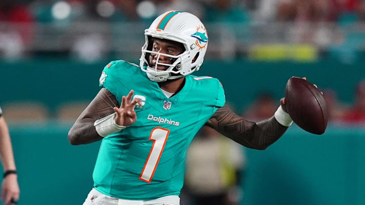 Miami Dolphins quarterback Tua Tagovailoa (1) attempts a pass against the San Francisco 49ers during second half at Hard Rock Stadium.
