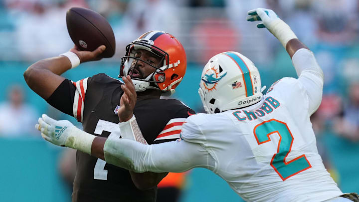 Miami Dolphins linebacker Bradley Chubb (2) pressures Cleveland Browns quarterback Jacoby Brissett (7) during the second half at Hard Rock Stadium in 2022. Miami Dolphins linebacker Bradley Chubb (2) pressures Cleveland Browns quarterback Jacoby Brissett (7) during the second half at Hard Rock Stadium in 2022.