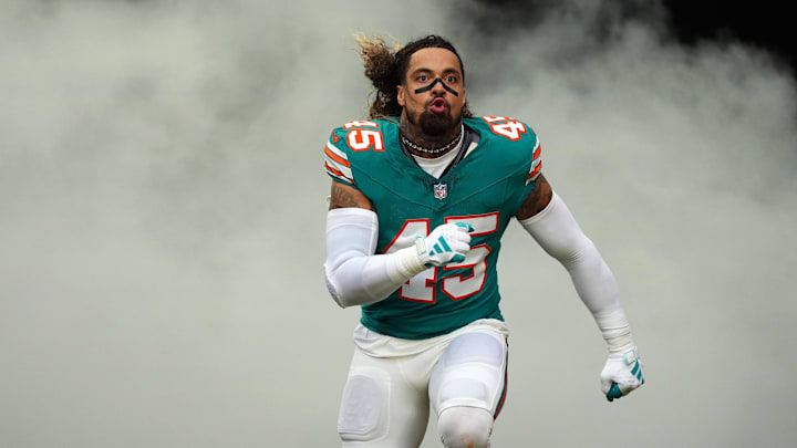 Miami Dolphins linebacker Duke Riley (45) takes the field prior to the game against the Dallas Cowboys at Hard Rock Stadium. 