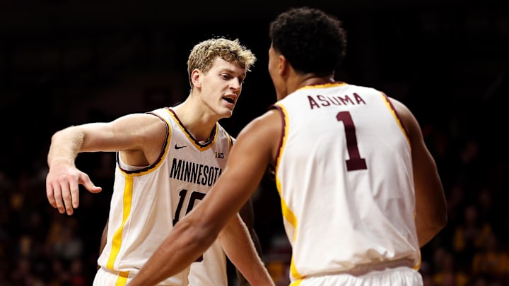 Nov 8, 2025; Minneapolis, Minnesota, USA; Minnesota Golden Gophers forward Cade Tyson (10) and guard Isaac Asuma (1) celebrate during the first half against the Alcorn State Braves at Williams Arena. Mandatory Credit: Matt Krohn-Imagn Images