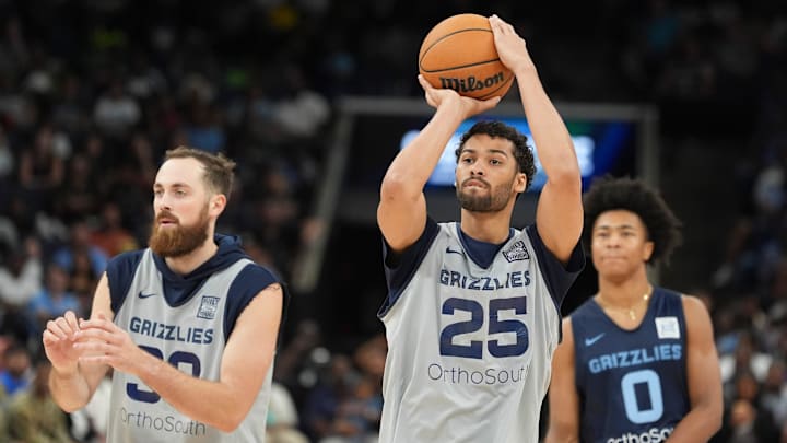 Grizzlies' Maozinha Pereira (25) shoots the ball while playing knockout during open practice at FedExForum in Memphis, Tenn., on Sunday, October 6, 2024.