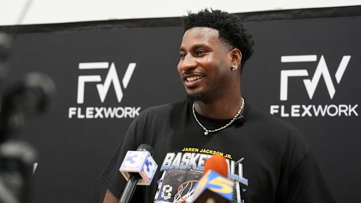 Grizzlies’ Jaren Jackson Jr. speaks to the media during the Jaren Jackson Jr. Youth Basketball Camp at the Memphis Sports & Events Center on September 13, 2025.