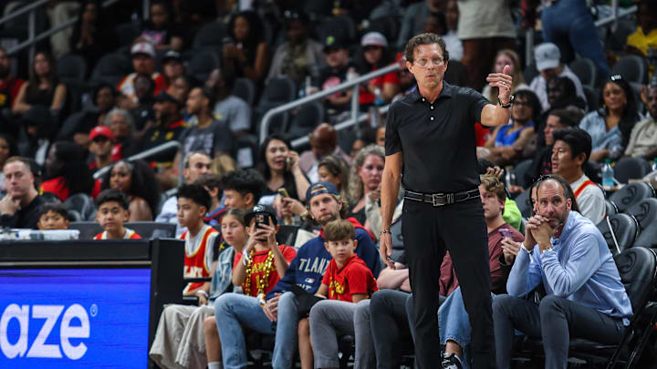Oct 13, 2025; Atlanta, Georgia, USA; Atlanta Hawks Head Coach Quin Snyder during the game against the Miami Heat during the fourth quarter at State Farm Arena. Mandatory Credit: Jordan Godfree-Imagn Images