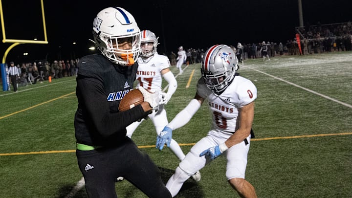 Nolensville wide receiver Chance Fitzgerald (1) pulls in a catch over Page's Seth Cabale (0) during the second half of a TSSAA Class 5A State quarterfinal game at Nolensville High School  Friday, Nov. 18, 2022 in Nolensville, Tenn.

Nas Nolensville Page 014