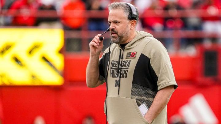 Nov 11, 2023; Lincoln, Nebraska, USA; Nebraska Cornhuskers head coach Matt Rhule during the third quarter against the Maryland Terrapins at Memorial Stadium. Nov 11, 2023; Lincoln, Nebraska, USA; Nebraska Cornhuskers head coach Matt Rhule during the third quarter against the Maryland Terrapins at Memorial Stadium.