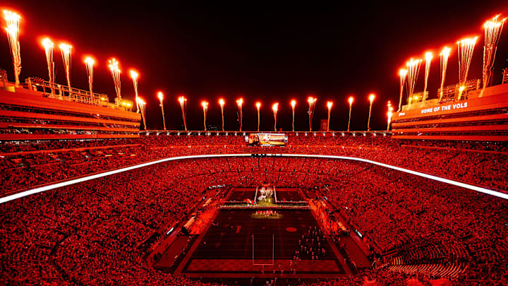 Fireworks go off over Neyland Stadium as Tennessee runs through the T before a college football game against Mississippi State in Knoxville, Tenn., on Saturday, Nov. 9, 2024.