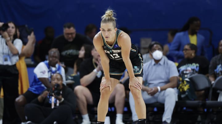Jul 13, 2024; Chicago, Illinois, USA; New York Liberty forward Leonie Fiebich (13) looks on during the first half of a WNBA game against the Chicago Sky at Wintrust Arena. Mandatory Credit: Kamil Krzaczynski-USA TODAY Sports