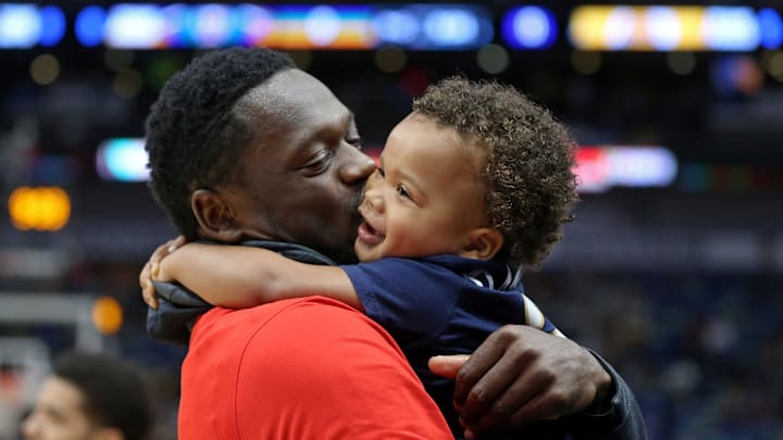 Feb 23, 2019; New Orleans, LA, USA; New Orleans Pelicans center Julius Randle (30) kisses his son, Kayden Randle, 2, before their game against the Los Angeles Lakers at the Smoothie King Center. Mandatory Credit: Chuck Cook-Imagn Images