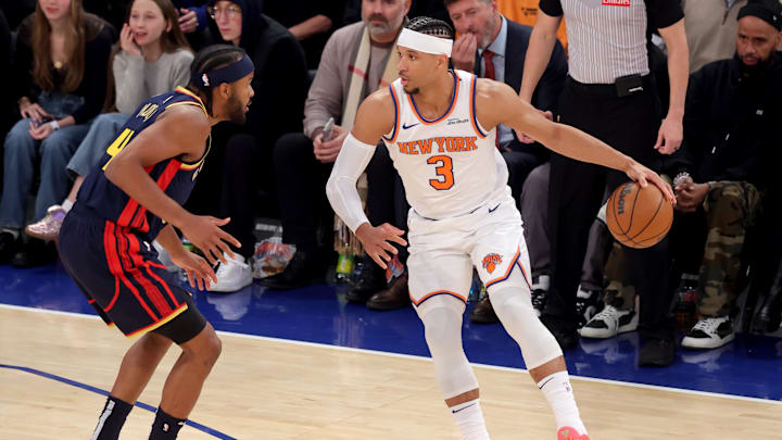 Mar 4, 2025; New York, New York, USA; New York Knicks guard Josh Hart (3) controls the ball against Golden State Warriors guard Moses Moody (4) during the first quarter at Madison Square Garden. Mandatory Credit: Brad Penner-Imagn Images Mar 4, 2025; New York, New York, USA; New York Knicks guard Josh Hart (3) controls the ball against Golden State Warriors guard Moses Moody (4) during the first quarter at Madison Square Garden. Mandatory Credit: Brad Penner-Imagn Images