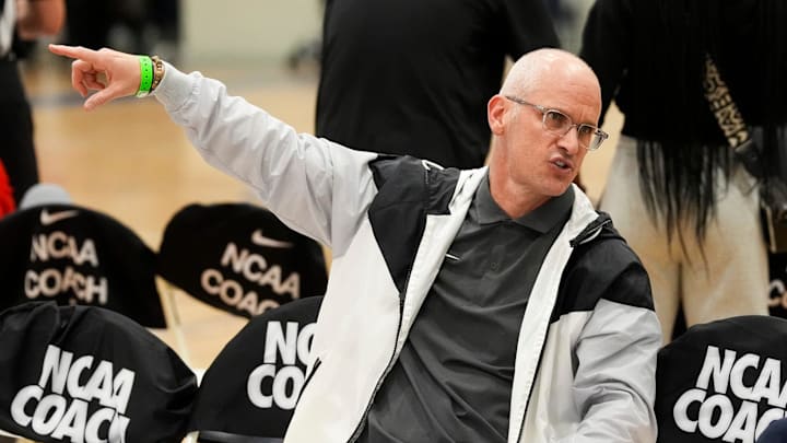 UCONN’s head men’s basketball coach Dan Hurley speaks with another coach during Nike EYBL at the Memphis Sports & Events Center on Saturday, May 17, 2025.