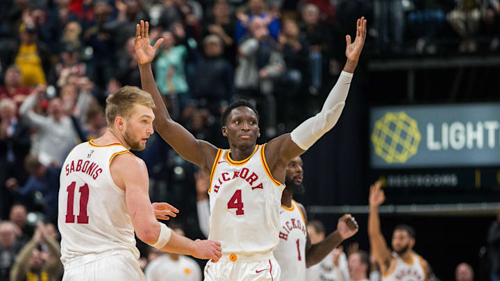 Nov 17, 2017; Indianapolis, IN, USA; Indiana Pacers guard Victor Oladipo (4) and center Domantas Sabonis (11) celebrate a basket in the second half of the game against the Detroit Pistons at Bankers Life Fieldhouse. Mandatory Credit: Trevor Ruszkowski-Imagn Images Nov 17, 2017; Indianapolis, IN, USA; Indiana Pacers guard Victor Oladipo (4) and center Domantas Sabonis (11) celebrate a basket in the second half of the game against the Detroit Pistons at Bankers Life Fieldhouse. Mandatory Credit: Trevor Ruszkowski-Imagn Images