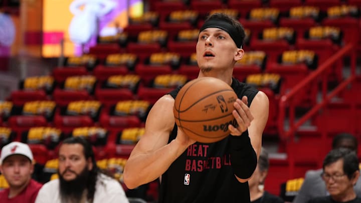 Oct 25, 2023; Miami, Florida, USA; Miami Heat guard Tyler Herro (14) warms up prior to the game against the Detroit Pistons at Kaseya Center. Mandatory Credit: Jasen Vinlove-Imagn Images
