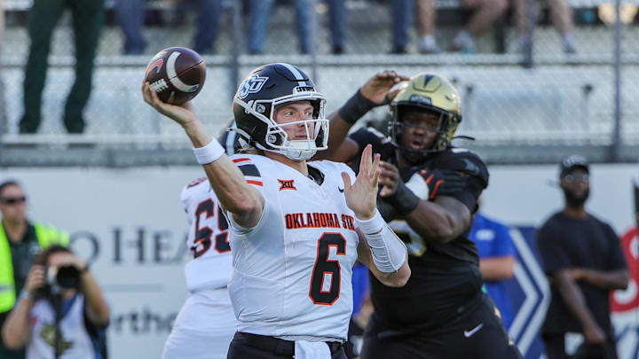 Nov 22, 2025; Orlando, Florida, USA; Oklahoma State Cowboys quarterback Zane Flores (6) throws a pass during the first quarter against the UCF Knights at Acrisure Bounce House. Mandatory Credit: Mike Watters-Imagn Images Nov 22, 2025; Orlando, Florida, USA; Oklahoma State Cowboys quarterback Zane Flores (6) throws a pass during the first quarter against the UCF Knights at Acrisure Bounce House. Mandatory Credit: Mike Watters-Imagn Images