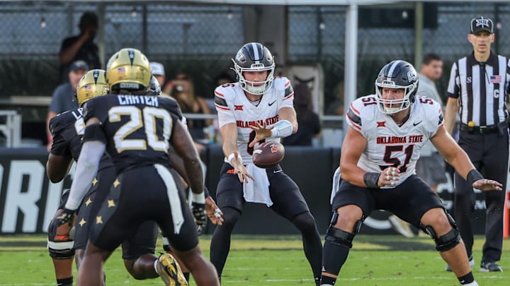 Nov 22, 2025; Orlando, Florida, USA; Oklahoma State Cowboys quarterback Zane Flores (6) receives the snap during the second quarter against the Oklahoma State Cowboys at Acrisure Bounce House. Mandatory Credit: Mike Watters-Imagn Images Nov 22, 2025; Orlando, Florida, USA; Oklahoma State Cowboys quarterback Zane Flores (6) receives the snap during the second quarter against the Oklahoma State Cowboys at Acrisure Bounce House. Mandatory Credit: Mike Watters-Imagn Images
