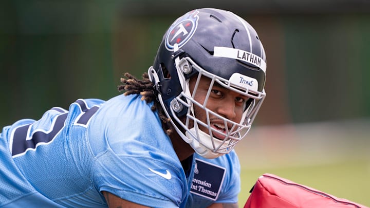 Tennessee Titans first-round draft pick JC Latham (55) participates in rookie minicamp at Ascension Saint Thomas Sports Park in Nashville, Tenn., Friday, May 10, 2024.