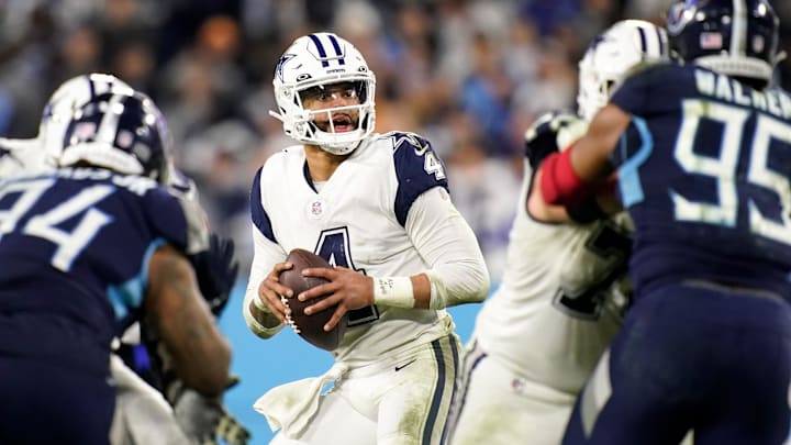 Dallas Cowboys quarterback Dak Prescott (4) looks to pass against the Tennessee Titans during the fourth quarter at Nissan Stadium Thursday, Dec. 29, 2022, in Nashville, Tenn.

Nfl Dallas Cowboys At Tennessee Titans