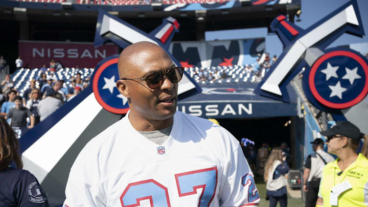 Former Oilers and Titans running back Eddie George visits the sideline before the Tennessee Titans game against the Indianapolis Colts at Nissan Stadium on Oct. 23, 2022, in Nashville. The Titans held a homecoming celebration for former Oilers and Titans players over the weekend.
