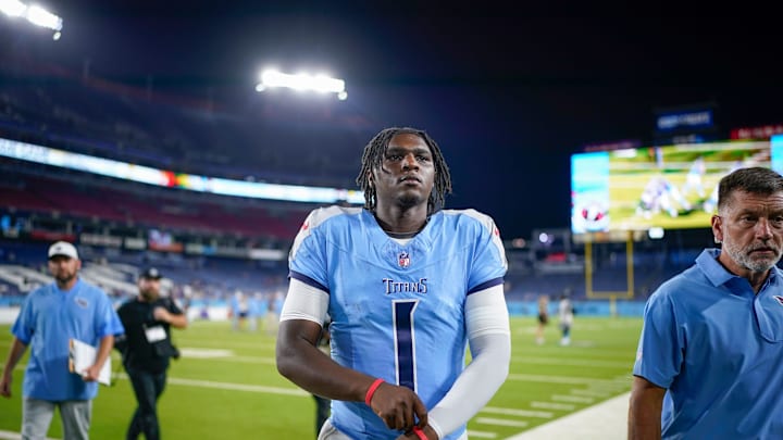 Tennessee Titans quarterback Cam Ward (1) exits the field after an NFL pre-season game against the Minnesota Vikings at Nissan Stadium in Nashville, Tenn., Friday, Aug. 22, 2025. Tennessee Titans quarterback Cam Ward (1) exits the field after an NFL pre-season game against the Minnesota Vikings at Nissan Stadium in Nashville, Tenn., Friday, Aug. 22, 2025.