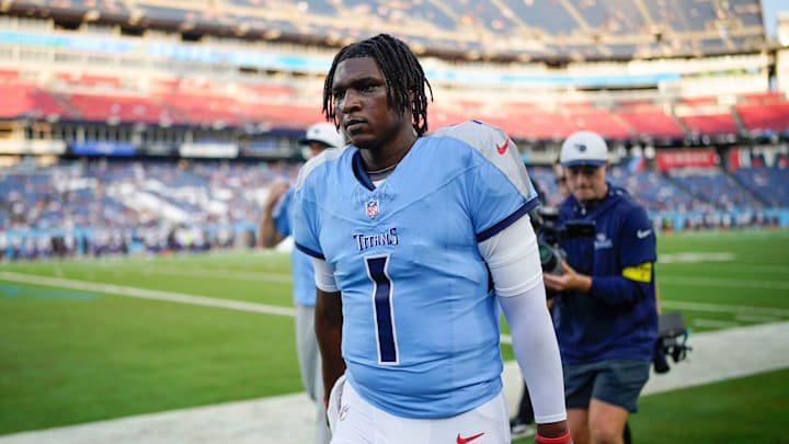 Tennessee Titans quarterback Cam Ward (1) leaves the field after warmups before an NFL pre-season game against the Minnesota Vikings at Nissan Stadium in Nashville, Tenn., Friday, Aug. 22, 2025. Tennessee Titans quarterback Cam Ward (1) leaves the field after warmups before an NFL pre-season game against the Minnesota Vikings at Nissan Stadium in Nashville, Tenn., Friday, Aug. 22, 2025.