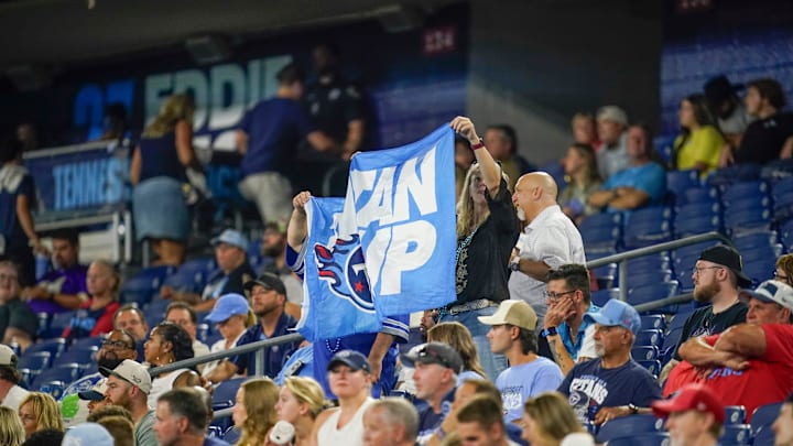 Tennessee Titans fans cheer during the fourth quarter of an NFL pre-season game against the Minnesota Vikings at Nissan Stadium in Nashville, Tenn., Friday, Aug. 22, 2025.